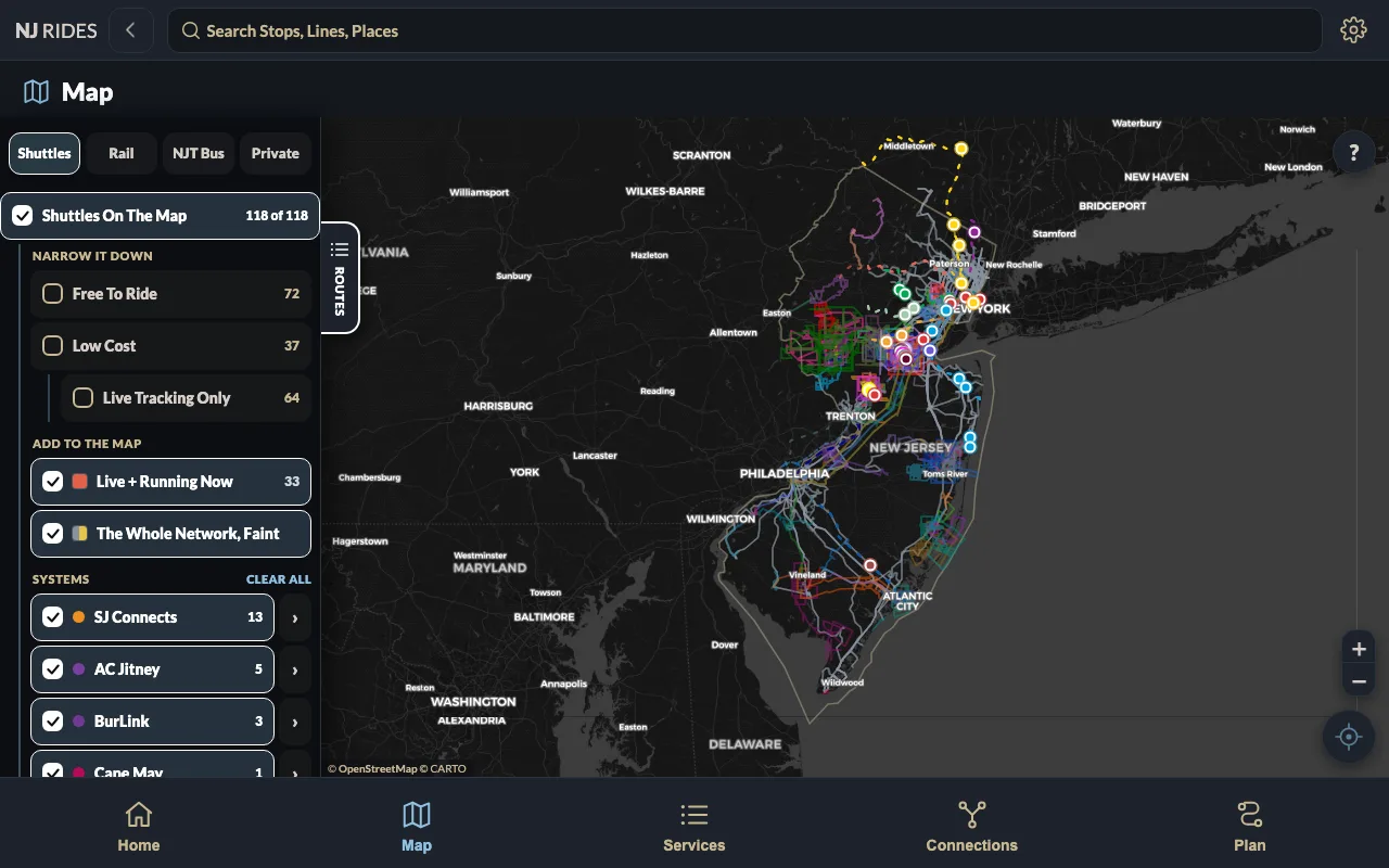 On a big screen: shuttles, rail, NJ Transit bus, and private carriers, each with its own switch