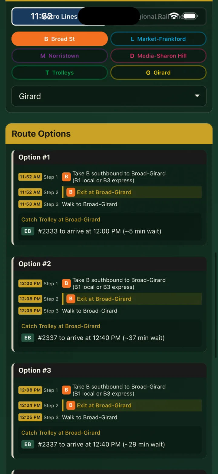 Route options from a Metro station