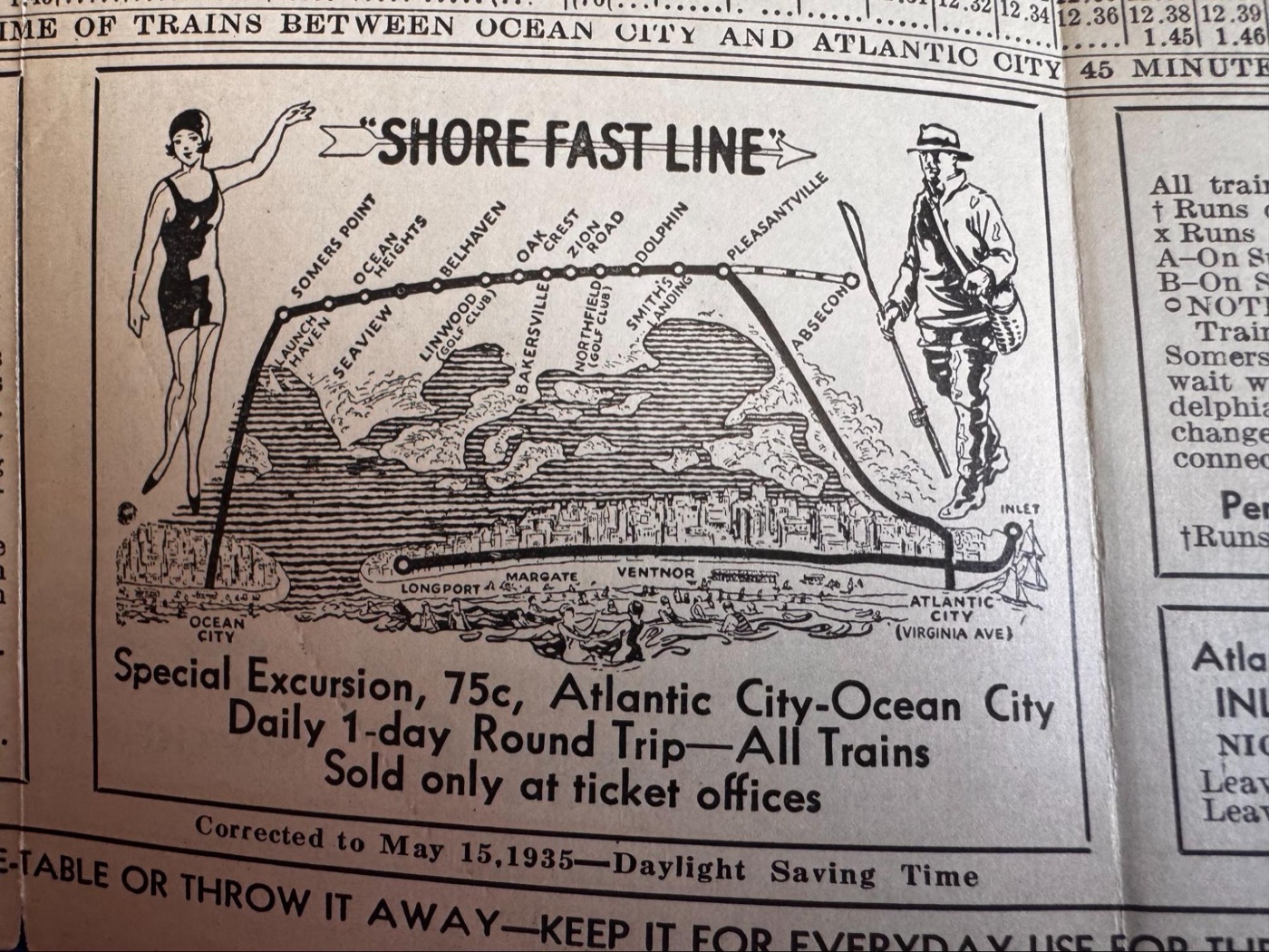 A 1935 Shore Fast Line timetable map showing the route between Atlantic City and Ocean City